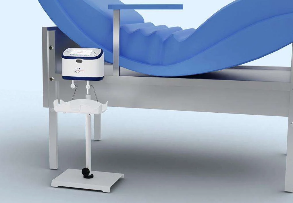 HemoFlow 500 on a floor stand, large touchscreen facing the phlebotomist